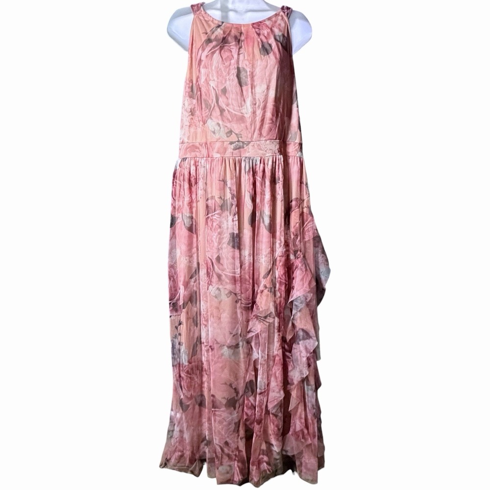 Candalite Floral Chiffon Maxi Dress XL Pink Ruffle Overlay Romantic Fairycore - Picture 12 of 12